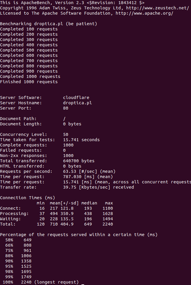 Wynik testu szybkości strony internetowej, przeprowadzonego przy pomocy narzędzia Apache Benchmark